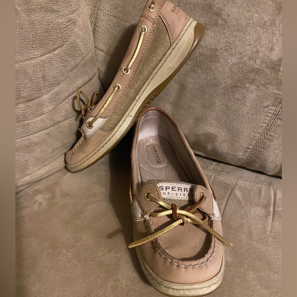 Sperry Angelfish Boat Shoes | Tan Linen & Gold Metallic | Size 7 - Picture 2 of 6